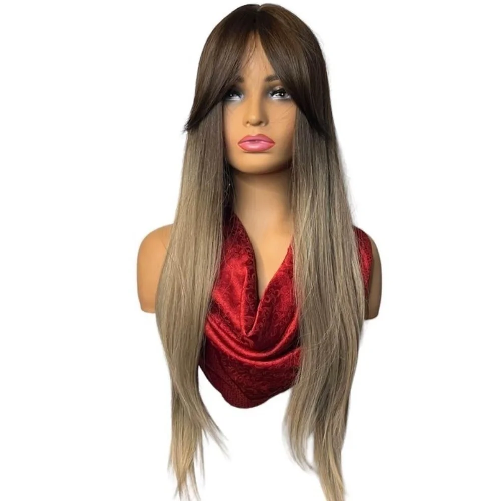 34 Inch balayage Brown & Ash Light Blonde Straig Long Wig  with Open Sid…